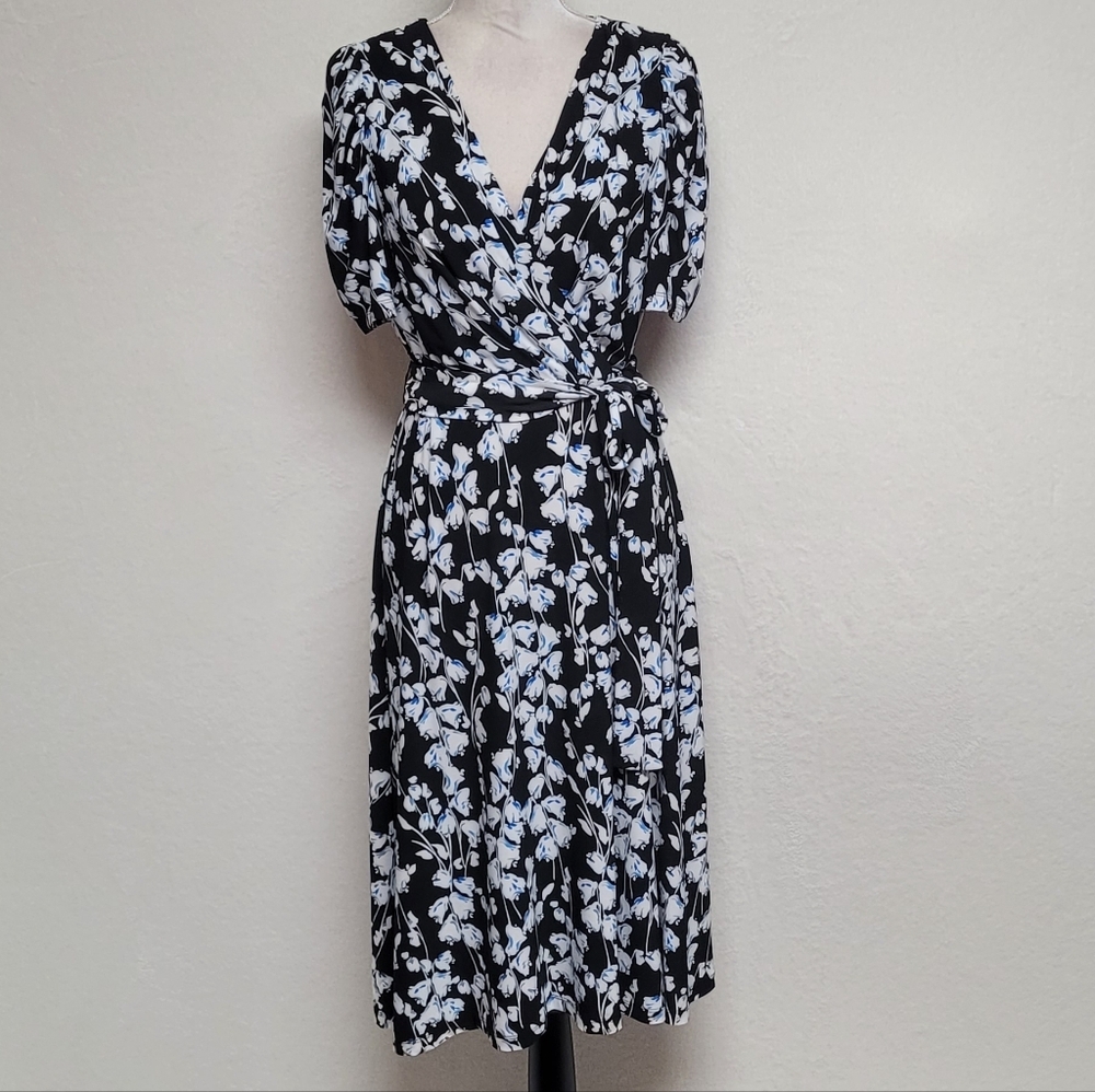 Tommy Hilfiger Women's Blue Black Floral Tie-Neck Puff Sleeve Casual Day Dress - Picture 2 of 12